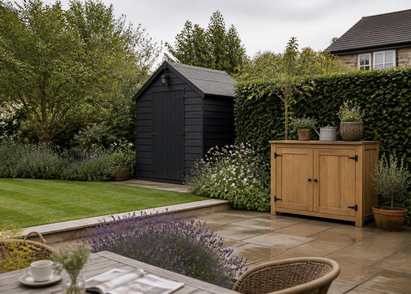 Garden storage shed and outdoor cabinet in a British garden