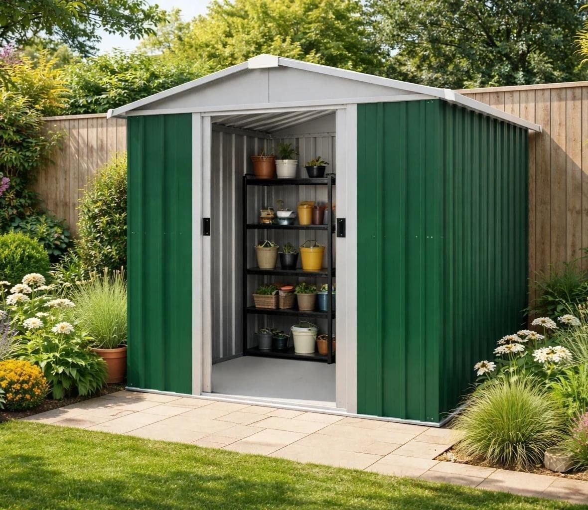Metal Sheds in a British garden setting